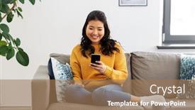  Presentation with young happy people smiling - PPT layouts enhanced with people-technology-and-leisure-concept background and a coral colored foreground