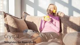  Presentation with music headphones - PPT layouts having people-technology-and-leisure-concept background and a coral colored foreground