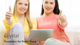  Presentation with tablet - Beautiful presentation theme featuring people technology and leisure concept - close up of young women with tablet pc computer showing thumbs up at home backdrop and a coral colored foreground