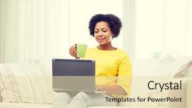  Presentation with african people - Slide deck having people technology and leisure concept - happy african american young woman sitting on sofa with laptop computer and drinking tea from cup at home background and a lemonade colored foreground