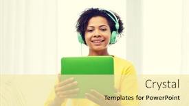  Presentation with computer music - Colorful PPT theme enhanced with people technology and leisure concept - happy african american young woman sitting on sofa with tablet pc computer and headphones listening to music at home backdrop and a blonde colored foreground