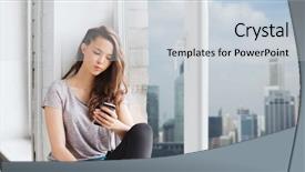  Presentation with girl teens - Presentation theme having people technology and teens concept - sad unhappy pretty teenage girl sitting on windowsill with smartphone and texting over singapore city skyscrapers background background and a light gray colored foreground