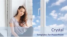  Presentation with girl teens - Slides consisting of people technology and teens concept - sad unhappy pretty teenage girl sitting on windowsill with smartphone and texting over blue sky and clouds background background and a sky blue colored foreground