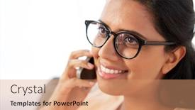  Presentation with indian woman - Colorful presentation enhanced with people technology communication and leisure concept - close up of happy young indian woman in glasses calling on smartphone backdrop and a coral colored foreground