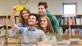  Presentation with school technology - Colorful presentation design enhanced with people technology education and school concept - happy students or friends with smartphone taking selfie in library backdrop and a coral colored foreground