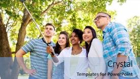  Presentation with technology students - Presentation design having people technology friendship and international background and a light blue colored foreground