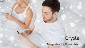  Presentation with internet addiction - Theme enhanced with people technology internet addiction and communication concept - couple with smartphones texting in bed over snow background and a light gray colored foreground