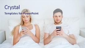  Presentation with internet communication - Presentation theme having couple with smartphones in bed background and a sky blue colored foreground