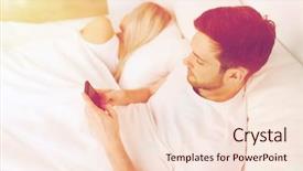  Presentation with internet communication - Beautiful slide set featuring people technology internet and communication concept - man with smartphone texting message while woman is sleeping in bed backdrop and a lemonade colored foreground