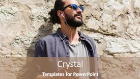  Presentation with people street - Slides having people technology leisure and lifestyle - man with earphones and smartphone listening to music on city street background and a coral colored foreground