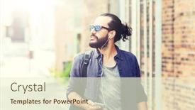  Presentation with city people walking - Slide set featuring people technology travel and tourism - man with earphones smartphone and bag walking along city street and listening to music background and a cream colored foreground