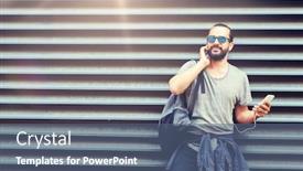  Presentation with people street - Slide set having people technology travel and tourism - man with earphones smartphone and bag on city street and listening to music background and a ocean colored foreground