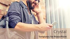  Presentation with people street - Audience pleasing slides consisting of people technology travel and tourism concept - close up of man with earphones smartphone and bag listening to music on street backdrop and a coral colored foreground