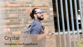  Presentation with city people walking - Audience pleasing slides consisting of people technology travel and tourism - man with earphones smartphone and bag walking along city street and listening to music backdrop and a coral colored foreground