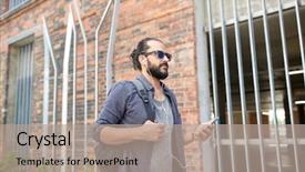  Presentation with city people walking - Amazing slide deck having people technology travel and tourism - man with earphones smartphone and bag walking along city street and listening to music backdrop and a coral colored foreground