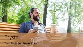  Presentation with man sitting bench - Presentation theme having people technology travel and tourism - man with earphones smartphone and bag sitting on city street bench and listening to music background and a coral colored foreground