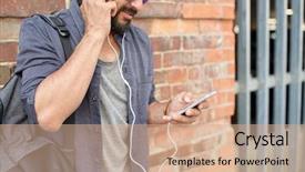  Presentation with people street - Presentation theme having people technology travel and tourism concept - close up of man with earphones smartphone and bag listening to music on street background and a coral colored foreground