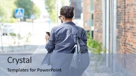  Presentation with city people walking - Colorful slides enhanced with people technology travel and tourism - man with backpack smartphone and earphones walking along city street and listening to music backdrop and a light blue colored foreground