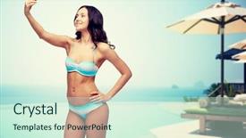 Presentation with pool side - Cool new presentation theme with people technology travel tourism and summer concept - happy young woman in bikini swimsuit taking selfie with smatphone over infinity pool with parasol and sunbed at sea side background backdrop and a cool aqua colored foreground