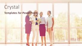  Presentation with team work - Colorful slides enhanced with people technology work and corporate concept - business team of women with tablet pc computer at office backdrop and a cream colored foreground