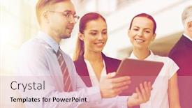  Presentation with team work - Slide deck consisting of people technology work and corporate concept - business team with tablet pc computer at office background and a coral colored foreground