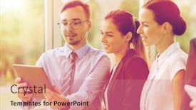  Presentation with team work - PPT theme with people technology work and corporate concept - business team with tablet pc computer at office background and a coral colored foreground