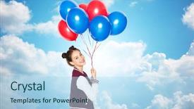  Presentation with girl teens - Slide deck having people teens holidays and party concept - happy smiling pretty teenage girl with helium balloons over blue sky and clouds background background and a light blue colored foreground