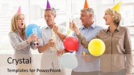  Presentation with business casual - Slide set with people toasting and celebrating birthday background and a  colored foreground