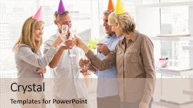  Presentation with business casual - Audience pleasing PPT theme consisting of people toasting and celebrating birthday backdrop and a  colored foreground