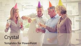  Presentation with business casual - Beautiful slide deck featuring people toasting and celebrating birthday backdrop and a  colored foreground