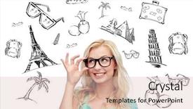  Presentation with doodles - Audience pleasing PPT theme consisting of people tourism vacation and summer holidays concept - happy smiling young woman or teenage girl glasses over touristic doodles backdrop and a lemonade colored foreground