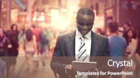  Presentation with tablet - Amazing slide set having people traffic - happy businessman checking his tablet backdrop and a violet colored foreground