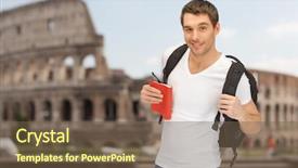  Presentation with tourism - Amazing PPT layouts having people travel tourism and education concept - happy young man with backpack and book travelling over coliseum background backdrop and a violet colored foreground