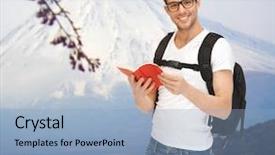  Presentation with travel japan - Slide deck enhanced with people travel tourism and education concept - happy young man in eyeglasses with backpack and book travelling over japan mountains background background and a light blue colored foreground