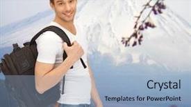  Presentation with japan travel - Beautiful PPT layouts featuring people travel tourism and education concept - happy young man with backpack and book travelling over japan mountains background backdrop and a light blue colored foreground