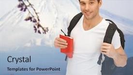  Presentation with travel japan - PPT theme enhanced with people travel tourism and education concept - happy young man with backpack and book travelling over japan mountains background background and a light blue colored foreground