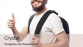  Presentation with tourism - Beautiful theme featuring people travel tourism and education concept - happy young bearded man in eyeglasses wearing hat with backpack over white background backdrop and a soft green colored foreground