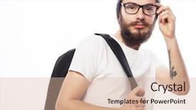  Presentation with tourism - Slide set featuring people travel tourism and education concept - happy young bearded man in eyeglasses wearing hat with backpack over white background background and a lemonade colored foreground