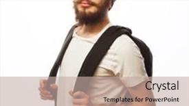  Presentation with tourism - Theme with people travel tourism and education concept - happy young bearded man in eyeglasses wearing hat with backpack over white background background and a mint green colored foreground