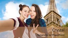  Presentation with tourism selfie - Colorful presentation theme enhanced with people travel tourism and friendship concept - happy smiling pretty teenage girls taking selfie and showing peace sign over eiffel tower in paris background backdrop and a coral colored foreground