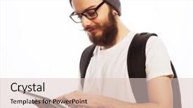  Presentation with emotions - Presentation theme consisting of people travel tourism and technology concept - happy young bearded man in eyeglasses with backpack and tablet over white background hipster style positive emotions background and a lemonade colored foreground