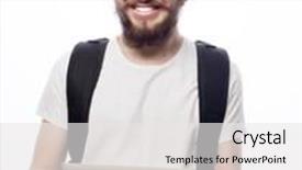  Presentation with emotions - Slide deck having people travel tourism and technology concept - happy young bearded man in eyeglasses with backpack and tablet over white background hipster style positive emotions background and a white colored foreground