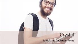  Presentation with emotions - Beautiful theme featuring people travel tourism and technology concept - happy young bearded man in eyeglasses with backpack and tablet over white background hipster style positive emotions backdrop and a soft green colored foreground