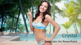 Presentation with summer trees - PPT layouts having people travel tourism gesture and summer concept - happy woman in bikini swimsuit showing victory hand sign over swimming pool and beach with palm trees background background and a coral colored foreground