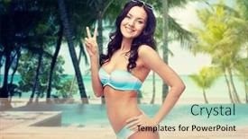  Presentation with summer trees - Beautiful presentation theme featuring people travel tourism gesture and summer concept - happy woman in bikini swimsuit showing victory hand sign over swimming pool and beach with palm trees background backdrop and a lemonade colored foreground