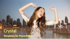  Presentation with fancy dress - Beautiful PPT theme featuring people travel tourism holidays and fashion concept - happy young woman or teen girl in fancy dress with sequins and long wavy hair dancing at party over evening city waterfront background backdrop and a tawny brown colored foreground