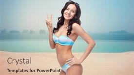 Presentation with pool side - Audience pleasing PPT theme consisting of people travel tourism summer holidays and celebration concept - happy woman in bikini swimsuit showing victory hand sign over infinity pool at sea side background backdrop and a lemonade colored foreground