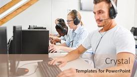  Presentation with language - Colorful theme enhanced with people-using-a-headset backdrop and a coral colored foreground