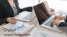  Presentation with financial - Cool new PPT theme with people using laptop and financial backdrop and a  colored foreground