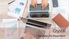  Presentation with financial - Audience pleasing presentation theme consisting of people using laptop and financial backdrop and a coral colored foreground
